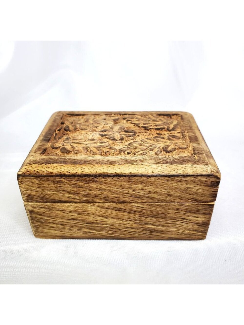 Vintage Hand Carved Wood Floral Hinge Lid Trinket Box Made In India 3 X 4 Inch